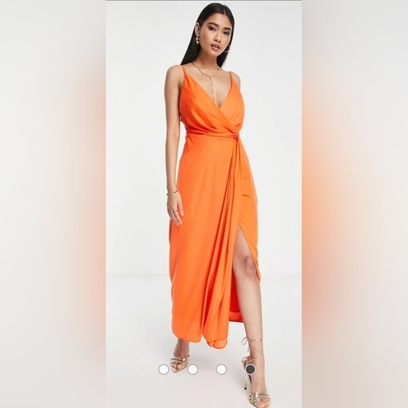 ASOS EDITION satin drape side cami midi dress in orange - Picture 8 of 8